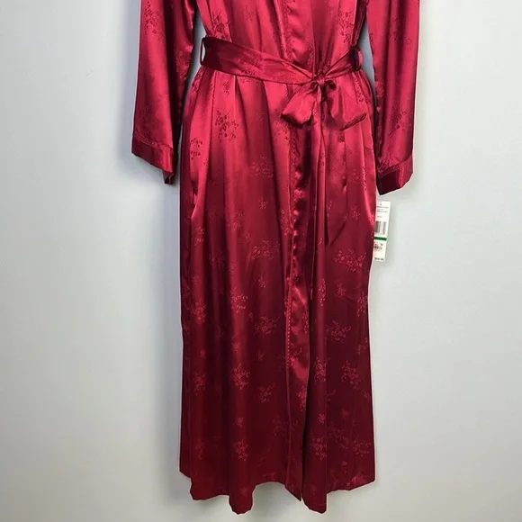 NEW Jones New York Solid Satin Jacquard Robe in Red Size L/XL Attached Belt Soft